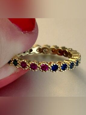 Dainty Bejeweled Gold Ring: Rainbow Gemstone Eternity Band Size 7